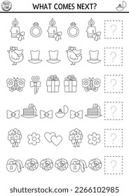 What comes next. Wedding black and white matching activity for preschool kids with traditional symbols. Funny Marriage line puzzle or logical coloring page. Continue the row game
