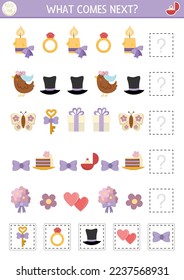 What comes next. Wedding matching activity for preschool children with traditional symbols. Funny Marriage ceremony puzzle or logical worksheet. Continue the row game with ring, bow, candle
