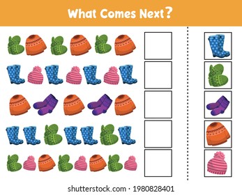 What comes next with winter outfits. Educational game for children. Complete the sequence. Activity page for kids. Vector illustration.