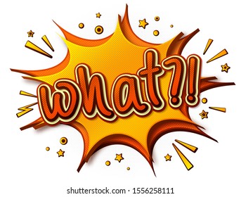 What Comics poster. Thought bubble and sound effects. Colorful funny banner in pop art style. Yellow-orange cartoon banner with halftone effect. Vector illustration