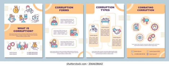Was ist Korruptionsbroschüre? Front- und Bestechungskampf. Flyer, Broschüre, Faltblatt, Cover-Design mit linearen Symbolen. Vektorgrafiken für Präsentationen, Jahresberichte, Anzeigenseiten