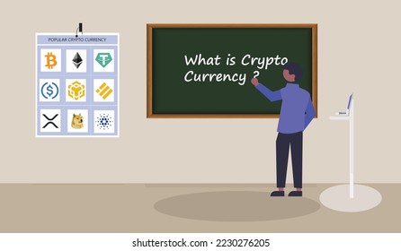 what is crypto currency, text on whiteboard crypto education concept design. Famous crypto currency Bitcoin, Ethereum, Tether, USDT, USD Coin, bnb, Binance coin, xrp, doge coin and  Cardano logo set.