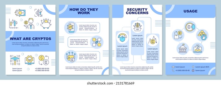 What are cryptos blue brochure template. Security concerns. Leaflet design with linear icons. 4 vector layouts for presentation, annual reports. Arial-Black, Myriad Pro-Regular fonts used