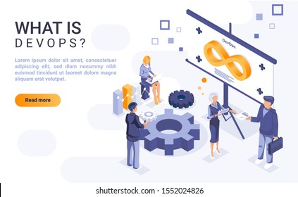 What is devops landing page template with isometric illustration. Software development and information technology operations collaboration homepage interface layout with isometry. 3d webpage design