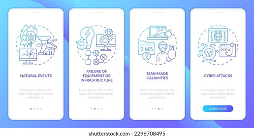 What is disaster blue gradient onboarding mobile app screen. Failures walkthrough 4 steps graphic instructions with linear concepts. UI, UX, GUI template. Myriad Pro-Bold, Regular fonts used