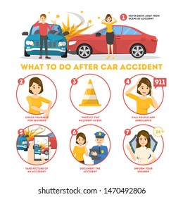 What To Do After A Car Accident Infographic Banner. Auto Damage Scene On The Road. Inform Insurance And Call Police, Check For Injury. Isolated Vector Illustration In Cartoon Style