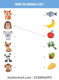 What do animals eat? Find the right picture. Educational game for children. Cute cartoon animals and their food. Vector illustration