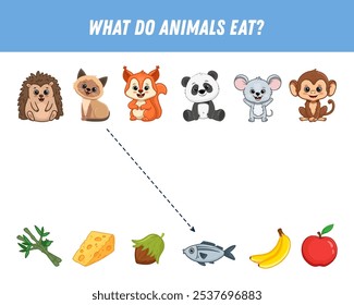 ¿Qué comen los animales? Encuentra la foto correcta. Juego educativo para niños. Animales lindos de la historieta y su comida. Ilustración vectorial