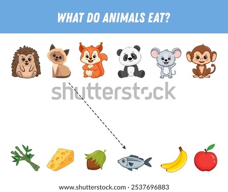 What do animals eat? Find the right picture. Educational game for children. Cute cartoon animals and their food. Vector illustration