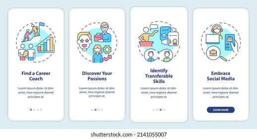 What to do if career is wrong onboarding mobile app screen. Find coach walkthrough 4 steps graphic instructions pages with linear concepts. UI, UX, GUI template. Myriad Pro-Bold, Regular fonts used