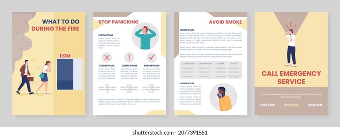 What to do during fire flat vector brochure template. Flyer, booklet, printable leaflet design with flat illustrations. Magazine page, cartoon reports, infographic posters with text space