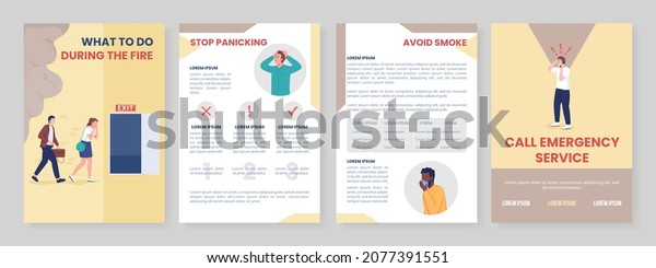 What\
to do during fire flat vector brochure template. Flyer, booklet,\
printable leaflet design with flat illustrations. Magazine page,\
cartoon reports, infographic posters with text\
space