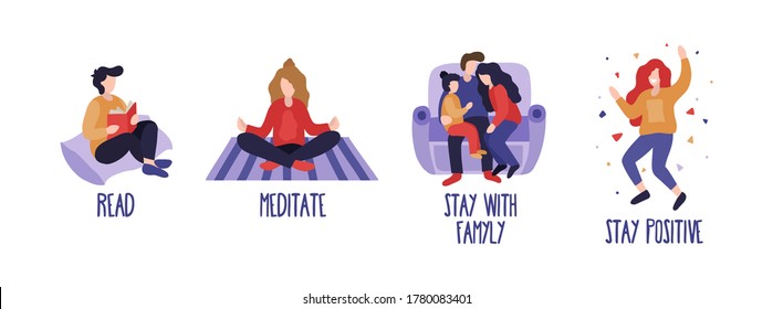 What to do on quarantine at home set with text vector illustration. Collection of advices for spare time flat style. Meditate read stay with family and stay positive. Isolated on white background