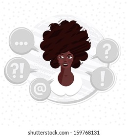what to do portrait of thinking young attractive dark hair african american type woman on round label on white dotted background