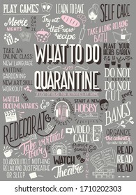 Was tun in Quarantäne, Typografie Hand Schrift-Plakatdesign, rosa und grau. Liste der Aktivitäten zu Hause, flache Vektorillustration