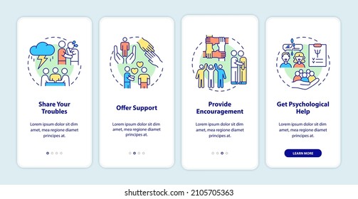 What to do in support group onboarding mobile app screen. Share troubles walkthrough 4 steps graphic instructions pages with linear concepts. UI, UX, GUI template. Myriad Pro-Bold, Regular fonts used