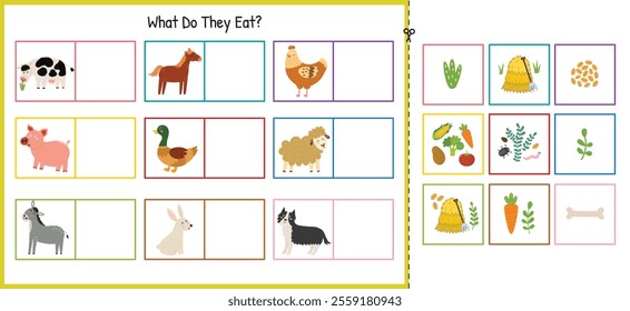 What do they eat cut and glue game with cute farm animals. Educational activity page for kids. Animals and food they eat matching game for school and preschool. Vector illustration