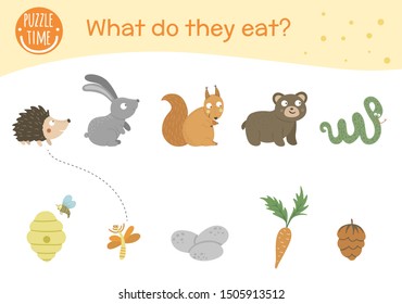 What do they eat. Matching activity for children with animals and food they eat. Funny woodland game for kids. Logical quiz worksheet.