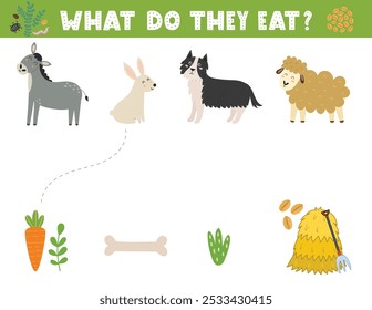 What do they eat matching game for kids with cute farm animals. Farm activity page for school and preschool. Vector illustration