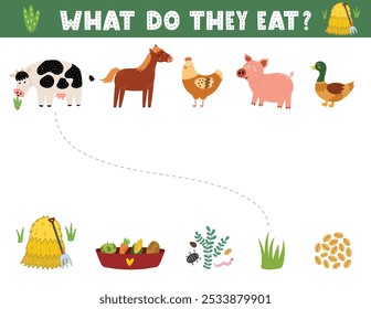 What do they eat matching game for kids with cute farm animals. Farm activity page for school and preschool. Vector illustration