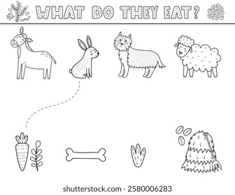 What do they eat matching game for kids in outline with cute farm animals. Farm activity page in black and white for school and preschool. Vector illustration