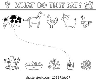 What do they eat matching game for kids in outline with cute farm animals. Farm black and white activity page for school and preschool. Vector illustration