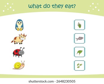 What do they eat matching game for kids with cute wild animals. activity page for kindergarteen and preschool. Vector illustration