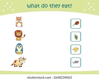 O que eles comem jogo de correspondência para crianças com animais selvagens bonitos. página de atividade para jardim de infância e pré-escola. Ilustração vetorial