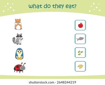 O que eles comem jogo de correspondência para crianças com animais selvagens bonitos. página de atividade para jardim de infância e pré-escola. Ilustração vetorial
