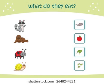 O que eles comem jogo de correspondência para crianças com animais selvagens bonitos. página de atividade para jardim de infância e pré-escola. Ilustração vetorial