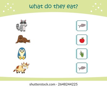 What do they eat matching game for kids with cute wild animals. activity page for kindergarteen and preschool. Vector illustration