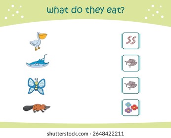 O que eles comem jogo de correspondência para crianças com animais selvagens bonitos. página de atividade para jardim de infância e pré-escola. Ilustração vetorial