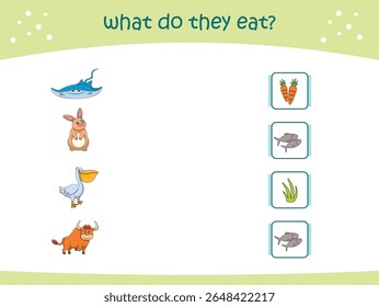 What do they eat matching game for kids with cute wild animals. activity page for kindergarteen and preschool. Vector illustration