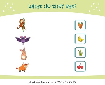 O que eles comem jogo de correspondência para crianças com animais selvagens bonitos. página de atividade para jardim de infância e pré-escola. Ilustração vetorial