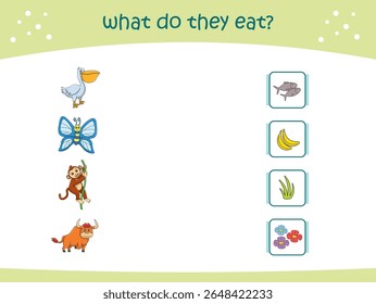 O que eles comem jogo de correspondência para crianças com animais selvagens bonitos. página de atividade para jardim de infância e pré-escola. Ilustração vetorial
