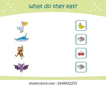 O que eles comem jogo de correspondência para crianças com animais selvagens bonitos. página de atividade para jardim de infância e pré-escola. Ilustração vetorial