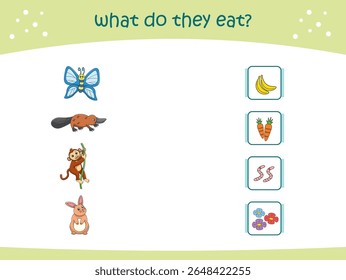 O que eles comem jogo de correspondência para crianças com animais selvagens bonitos. página de atividade para jardim de infância e pré-escola. Ilustração vetorial