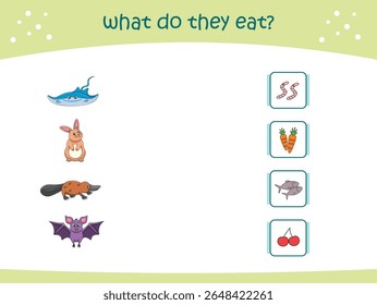 O que eles comem jogo de correspondência para crianças com animais selvagens bonitos. página de atividade para jardim de infância e pré-escola. Ilustração vetorial