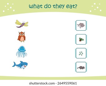 O que eles comem jogo de correspondência para crianças com animais selvagens bonitos. página de atividade para jardim de infância e pré-escola. Ilustração vetorial