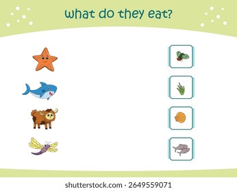 O que eles comem jogo de correspondência para crianças com animais selvagens bonitos. página de atividade para jardim de infância e pré-escola. Ilustração vetorial