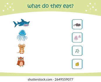 O que eles comem jogo de correspondência para crianças com animais selvagens bonitos. página de atividade para jardim de infância e pré-escola. Ilustração vetorial