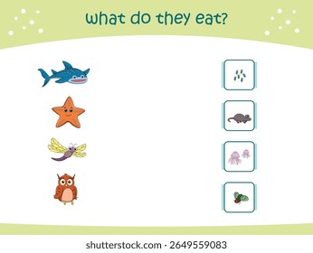 O que eles comem jogo de correspondência para crianças com animais selvagens bonitos. página de atividade para jardim de infância e pré-escola. Ilustração vetorial