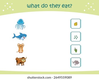 O que eles comem jogo de correspondência para crianças com animais selvagens bonitos. página de atividade para jardim de infância e pré-escola. Ilustração vetorial