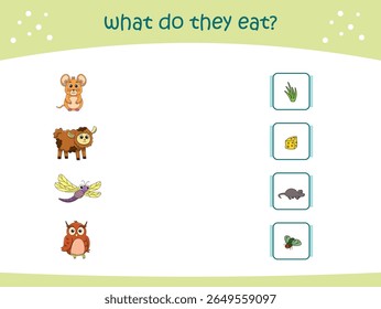 O que eles comem jogo de correspondência para crianças com animais selvagens bonitos. página de atividade para jardim de infância e pré-escola. Ilustração vetorial