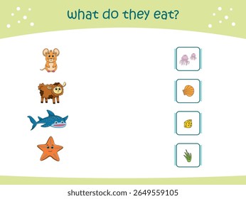 What do they eat matching game for kids with cute wild animals. activity page for kindergarteen and preschool. Vector illustration