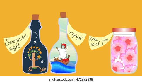 What do we have for supper today? Cute cartoon allegorical illustration  of the series of "Vitamins for the Soul". Cans and bottles of jam, pleasant memories and a real adventure. Vector image.