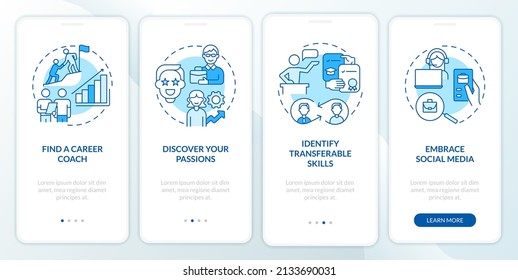 What to do if you made bad job choice blue onboarding mobile app screen. Walkthrough 4 steps graphic instructions pages with linear concepts. UI, UX, GUI template. Myriad Pro-Bold, Regular fonts used