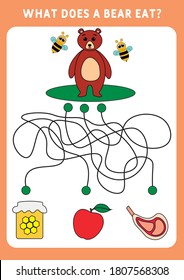 What does a bear eat? Labyrinth for children. Educational game for children. Activities for preschoolers and toddlers. Educational and logical game for children. Illustration.