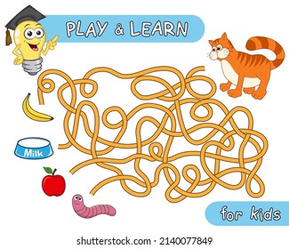 What does the cat eat. Help the kitten to find the right way in maze and learn that kitty like to eat. Maze Game with Solution. funny riddle with tangled lines. Educational and logical game for kids.