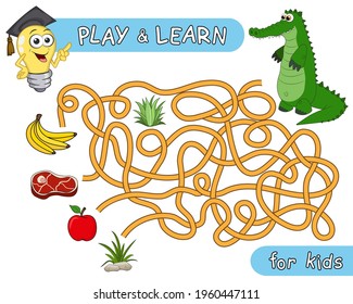 What does the crocodile eat? Help the alligator to find right way in maze and learn that reptile like to eat. Maze Game with Solution. Riddle with tangled lines. Educational and logical game for kids.